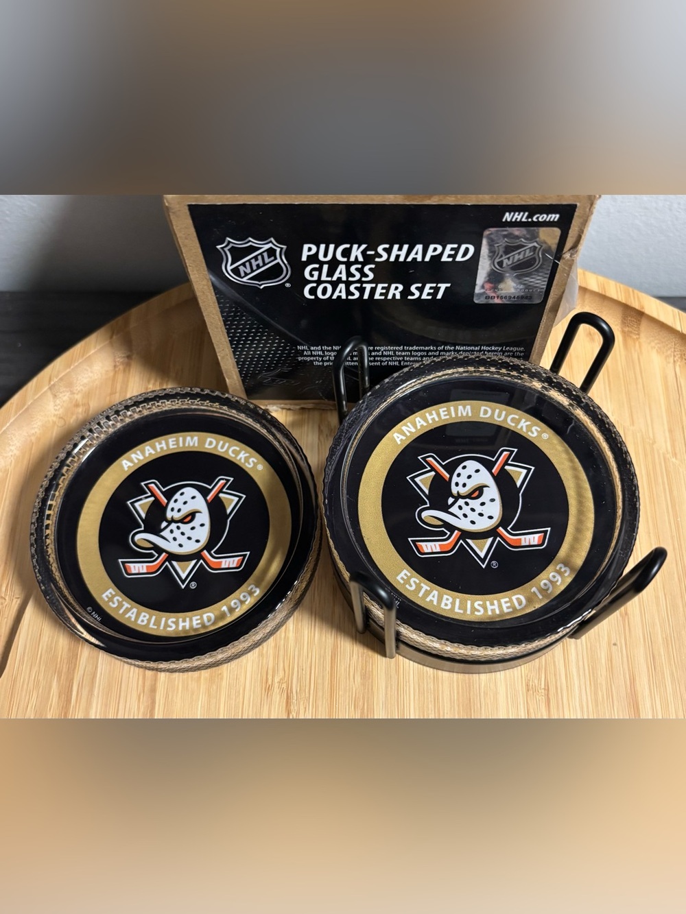 NHL Anaheim Ducks Black and Gold Puck Glass Coaster Set